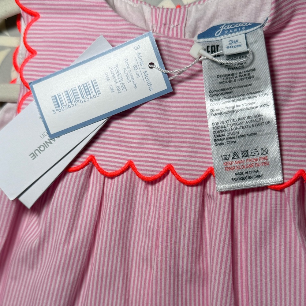 Jacadi Dress Scalloped Striped Baby Girl Pink New with tags 3 Months $89 retail